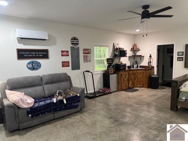104 Water District Rd, Cadiz, KY 42211 - living room with a wall unit AC, electric panel, ceiling fan, concrete floors, and recessed lighting