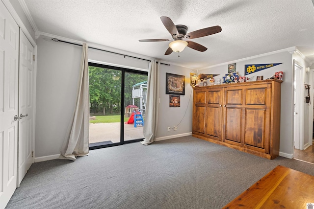 1333 Fairway Cir, Mayfield, KY 42066 - carpeted bedroom featuring access to exterior, ornamental molding, a textured ceiling, and a ceiling fan