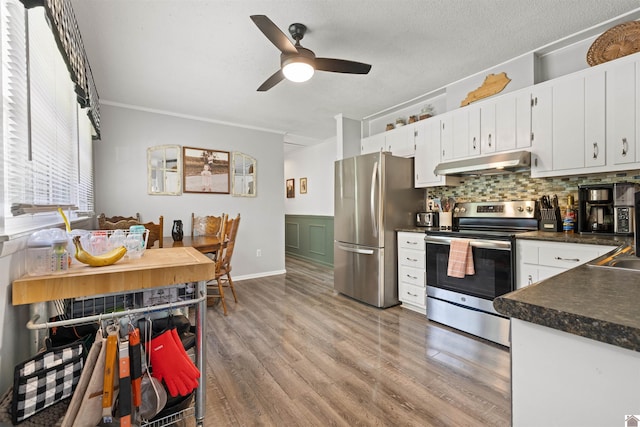 1333 Fairway Cir, Mayfield, KY 42066 - kitchen with appliances with stainless steel finishes, under cabinet range hood, dark countertops, a ceiling fan, and light wood finished floors