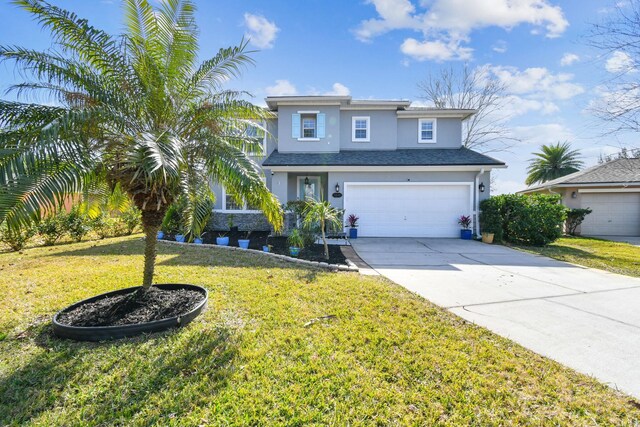 front facade with a garage and a front yard