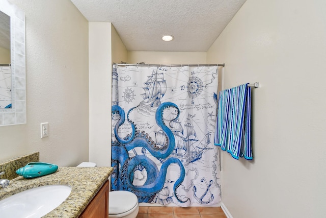 bathroom featuring tile patterned floors, toilet, a textured ceiling, vanity, and a shower with shower curtain