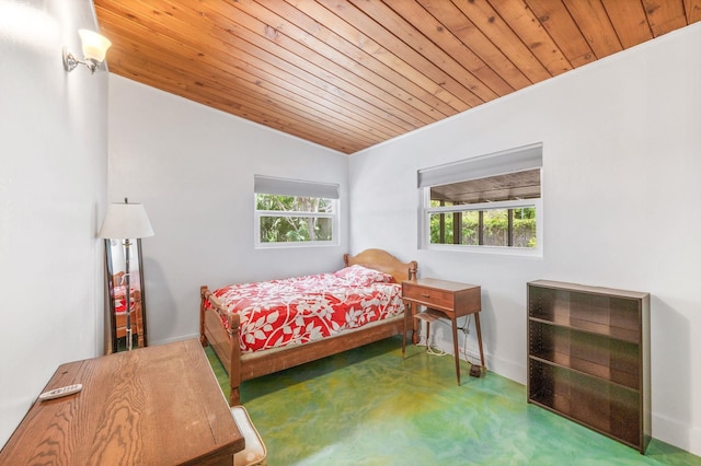 carpeted bedroom with multiple windows, wooden ceiling, and lofted ceiling