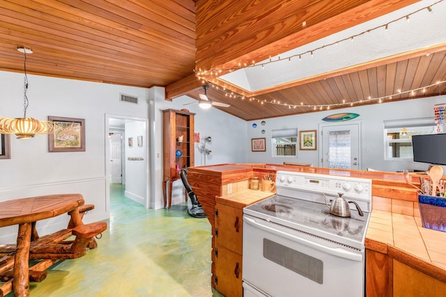 kitchen with lofted ceiling with beams, tile countertops, decorative light fixtures, electric stove, and wood ceiling