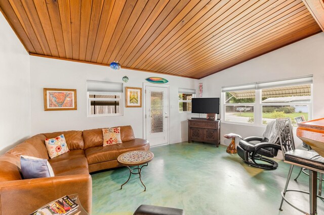 living room with lofted ceiling, concrete floors, and wooden ceiling