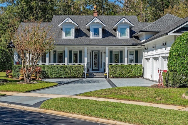 cape cod home featuring covered porch and a garage