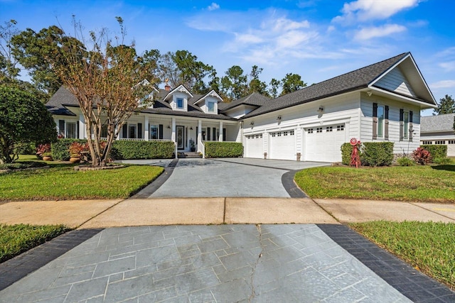 view of front of house with a porch, a garage, and a front yard