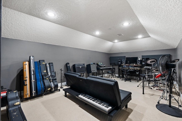 miscellaneous room featuring carpet flooring and a textured ceiling