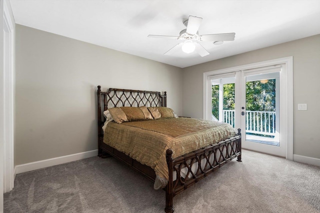 bedroom with ceiling fan, access to exterior, and carpet floors