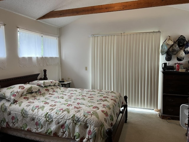 carpeted bedroom with vaulted ceiling with beams and a textured ceiling