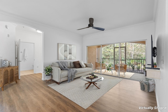 living room with ceiling fan, ornamental molding, and light hardwood / wood-style floors