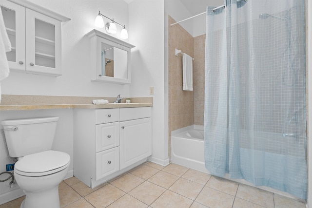 full bathroom with toilet, shower / bath combination with curtain, tile patterned flooring, and vanity