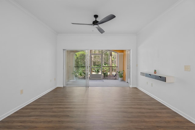 unfurnished room with ceiling fan, crown molding, and dark hardwood / wood-style flooring