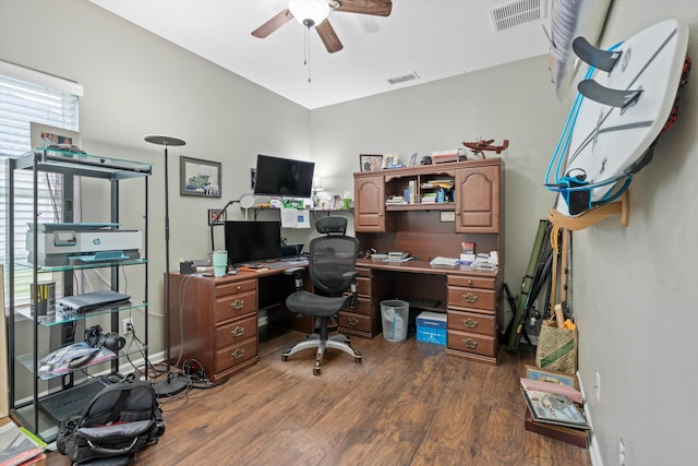 office area with ceiling fan and dark hardwood / wood-style flooring