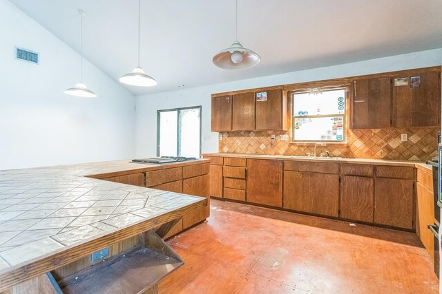 19 Casanova Rd, Saint Augustine, FL 32080 - kitchen with decorative backsplash, vaulted ceiling, decorative light fixtures, and a sink