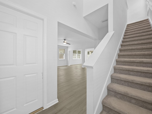 staircase featuring hardwood / wood-style flooring and ceiling fan