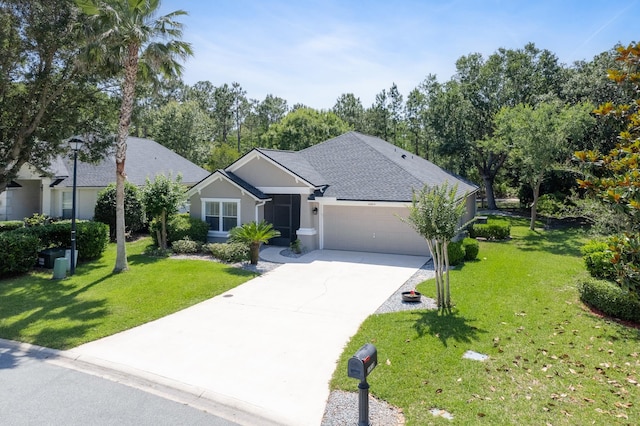 single story home with an attached garage, driveway, a front yard, and a shingled roof