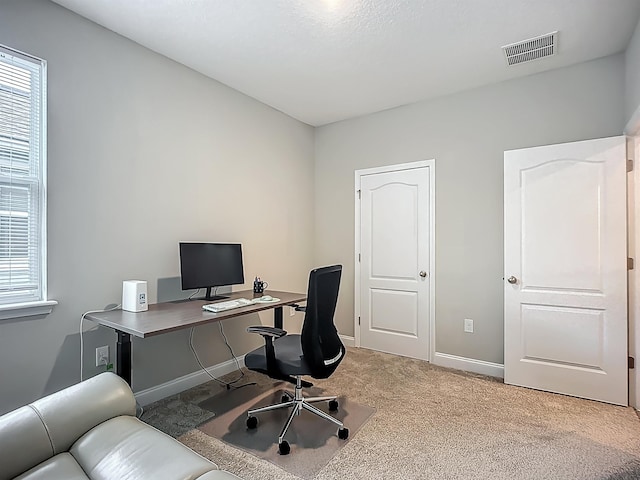 home office with healthy amount of natural light, carpet flooring, and baseboards