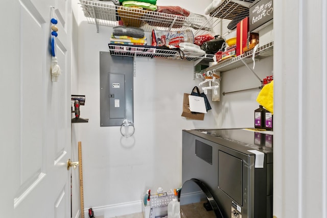 laundry room with electric panel and washer and dryer