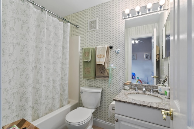 full bathroom with vanity, toilet, and shower / bathtub combination with curtain