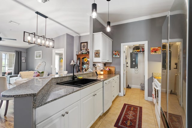 kitchen with dark stone counters, white dishwasher, sink, ceiling fan, and white cabinetry