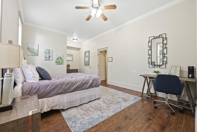 bedroom with ceiling fan, crown molding, and dark wood-type flooring