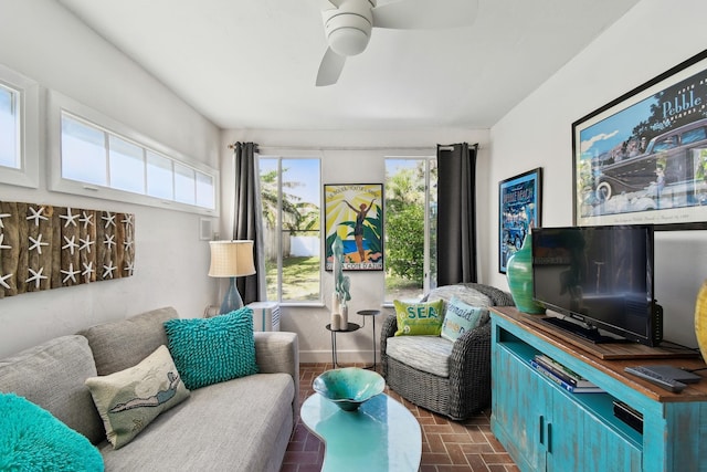 living room featuring ceiling fan