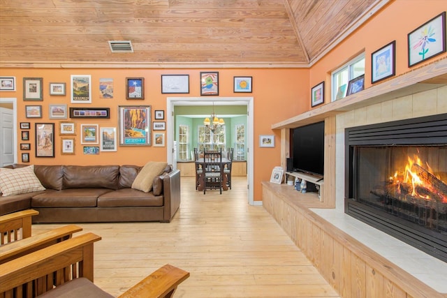 1440 Corunna St, Saint Augustine, FL 32080 - living area featuring wooden ceiling, visible vents, light wood finished floors, and a tile fireplace