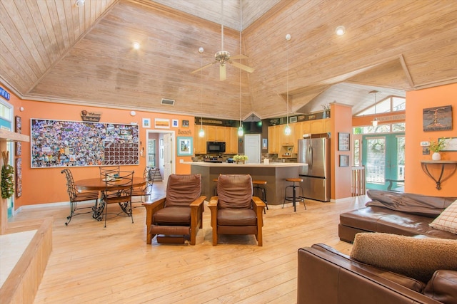 1440 Corunna St, Saint Augustine, FL 32080 - living area with light wood finished floors, high vaulted ceiling, wood ceiling, and ceiling fan