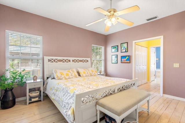 1440 Corunna St, Saint Augustine, FL 32080 - bedroom with a ceiling fan, visible vents, baseboards, light wood-style floors, and a closet