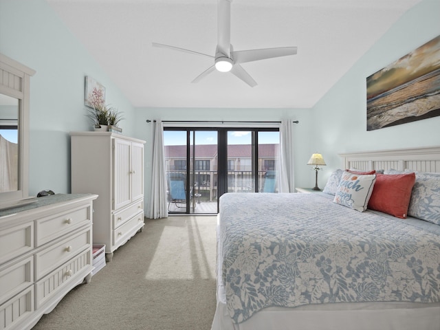 bedroom with access to outside, ceiling fan, carpet, and lofted ceiling