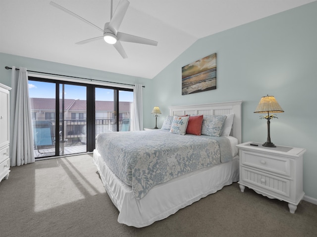 bedroom featuring access to exterior, ceiling fan, lofted ceiling, and dark colored carpet