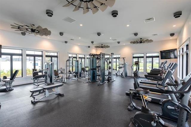 gym with plenty of natural light and ceiling fan