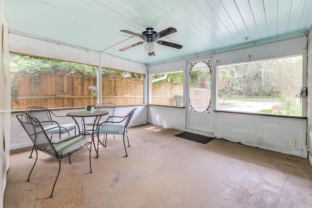 sunroom / solarium featuring ceiling fan and wooden ceiling