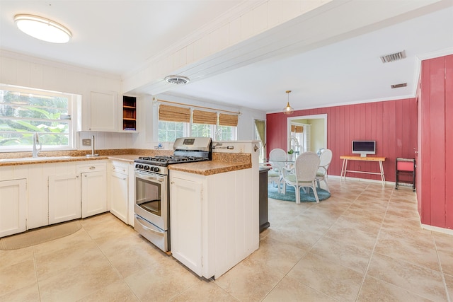 kitchen with crown molding, stainless steel gas stove, hanging light fixtures, and sink