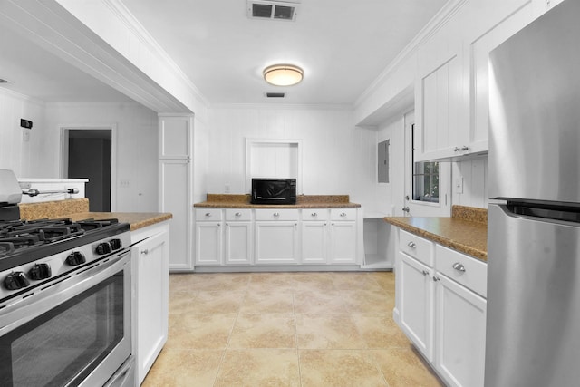 kitchen featuring ornamental molding, electric panel, stainless steel appliances, and white cabinetry