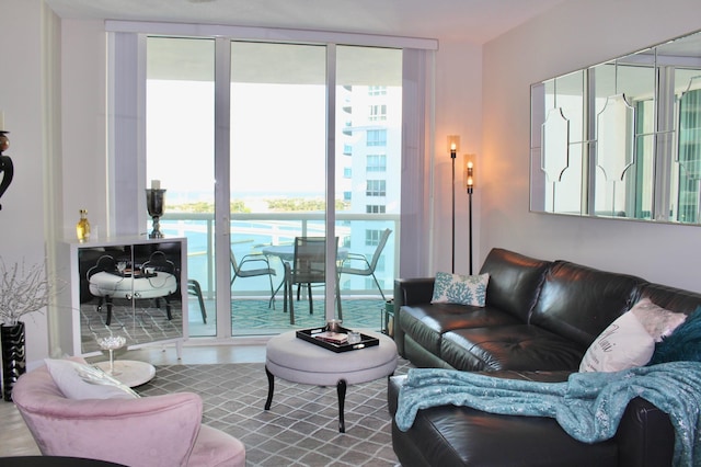 living room featuring a water view