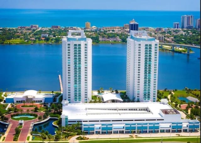 drone / aerial view with a water view