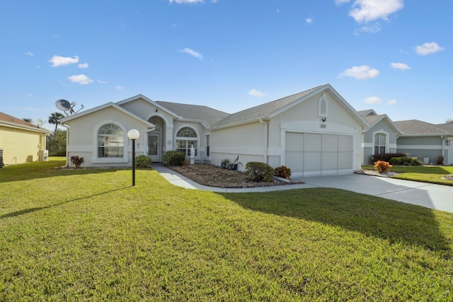 ranch-style home with stucco siding, driveway, a front lawn, and a garage