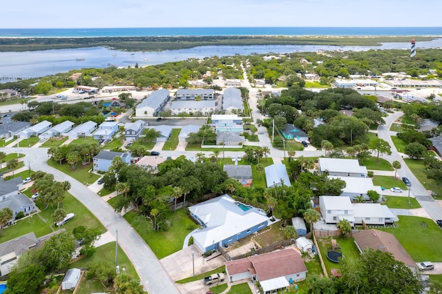 drone / aerial view with a water view