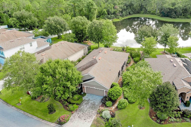 drone / aerial view with a water view