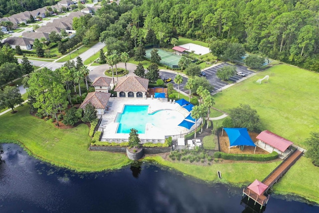 aerial view featuring a water view