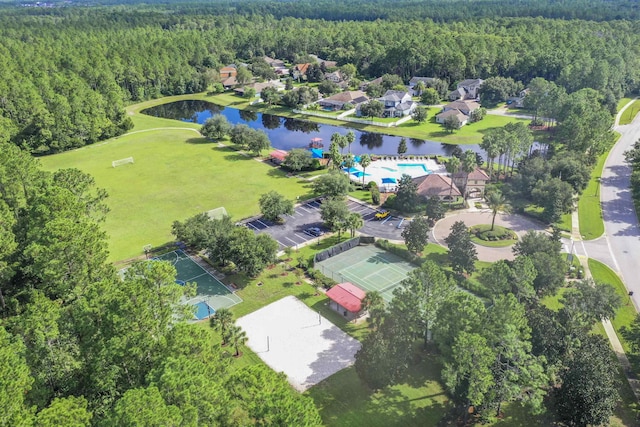 aerial view featuring a water view