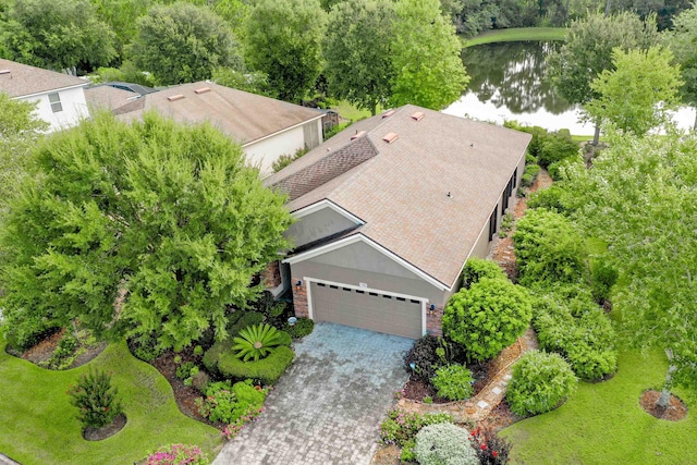 aerial view featuring a water view