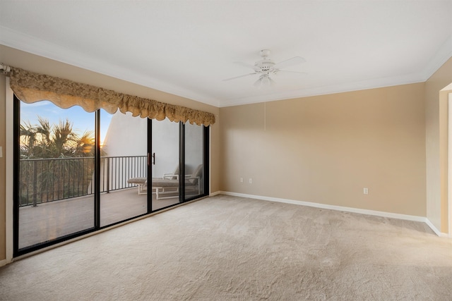 carpeted spare room with ceiling fan and ornamental molding