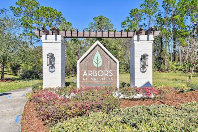 community / neighborhood sign with a yard