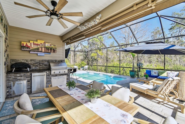 view of patio featuring an outdoor pool, area for grilling, a lanai, a grill, and outdoor dining area