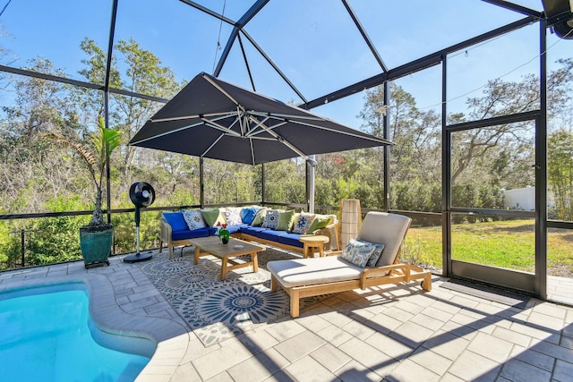 view of pool with a patio, a lanai, an outdoor living space, and a fenced in pool