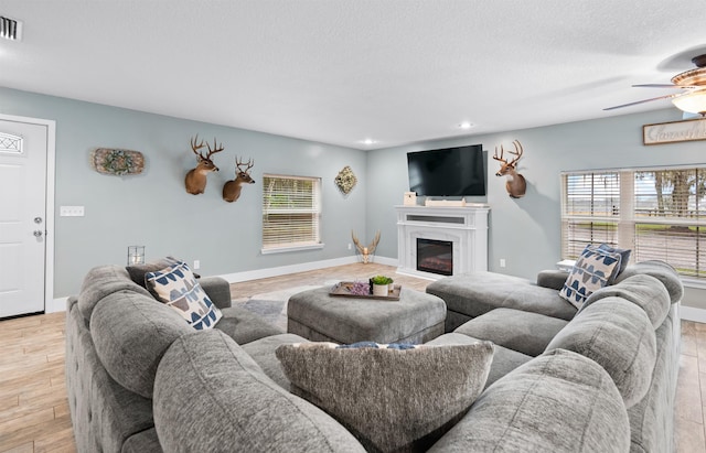 living room featuring light wood finished floors, a glass covered fireplace, a wealth of natural light, and baseboards