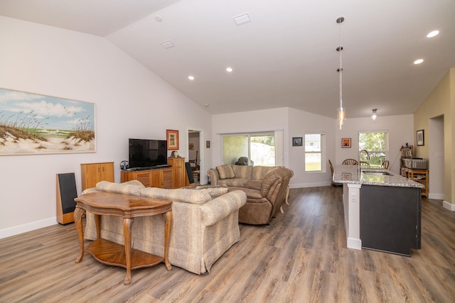 living room with plenty of natural light, sink, high vaulted ceiling, and hardwood / wood-style floors