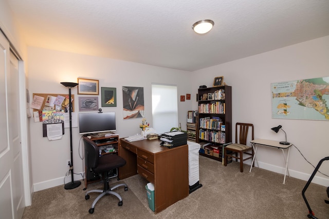 office space featuring carpet floors and a textured ceiling